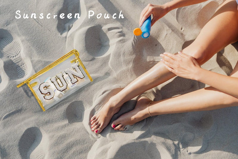 COSHAYSOO Clear Makeup Bag Preppy Sunscreen Zipper Pouch Cosmetic Beach Travel Summer Stuff Small Make Up Purse Organizer for Women Teen Girls with Trendy Cute Chenille Letter Patch Golden SUN - Image 3